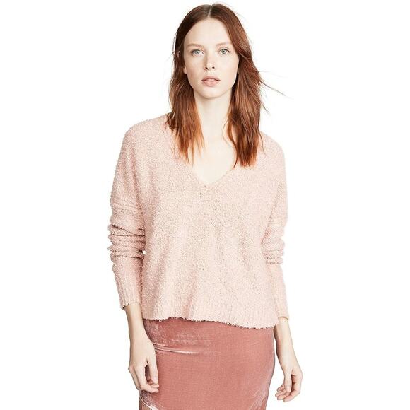 Free People Finders Keepers V Neck Boucle Sweater Blush Pink Medium Cozy Warm - Picture 2 of 9